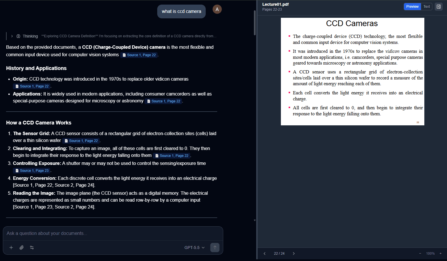 Chat answer with page-cited sources and side-by-side document preview