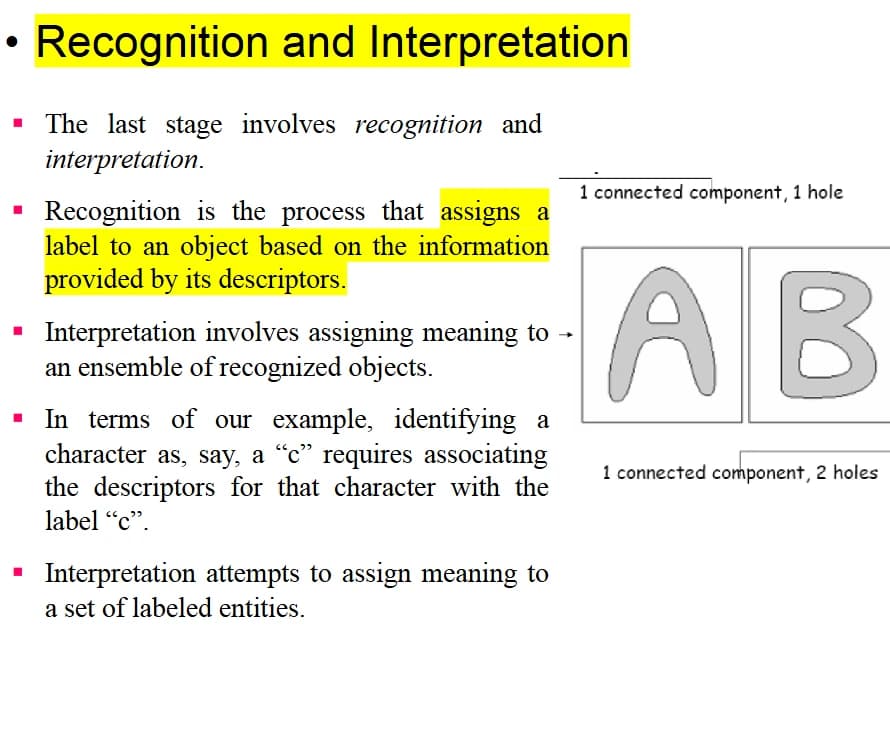 Halaman 15 Lecture01.pdf, Recognition and Interpretation; tajuk dan ayat yang dirujuk oleh langkah kelima ditonjolkan dengan warna kuning oleh pensyarah sendiri