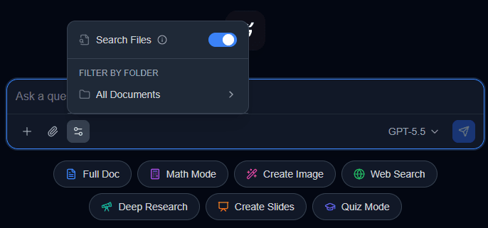 Composer showing the file-search toggle and seven AI mode chips