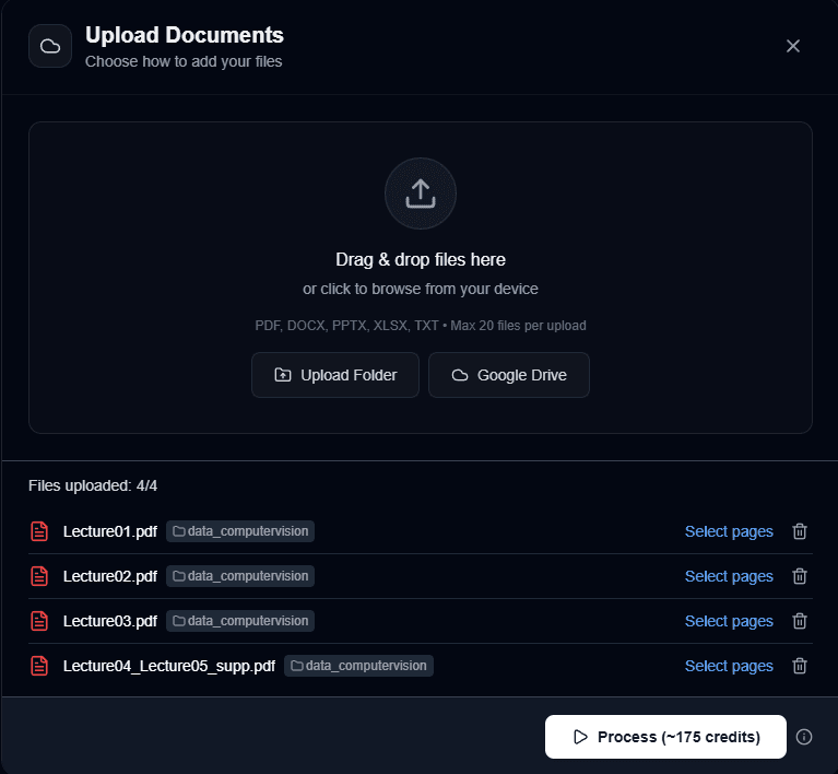 Upload modal showing multiple files staged for processing